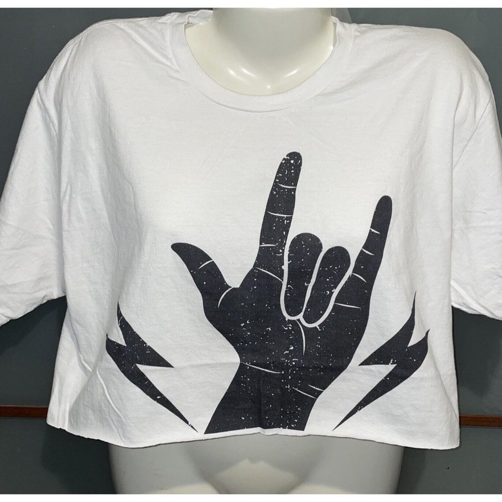 Devils Horns Hand Sign Logo Rock Black Death Metal White Crop Top Tee Shirt LG